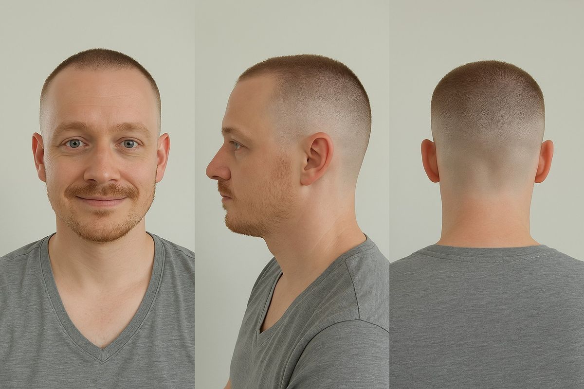 Man with classic 1 guard buzz cut, uniform 3mm hair length