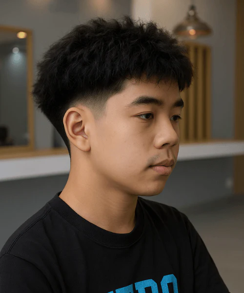 For mid fade example: "Side view of mid fade 15 guard buzz cut on wavy hair, highlighting gradual taper and sharp edges."