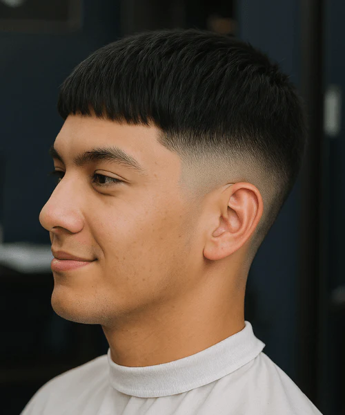 Man with straight hair in a 14 guard buzz cut, clean and voluminous style.