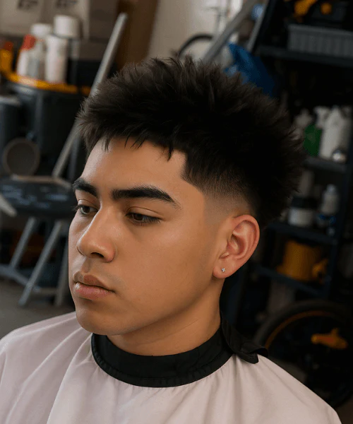 Barber using clippers with #20 guard to create a 2.5-inch buzz cut in a professional barbershop.