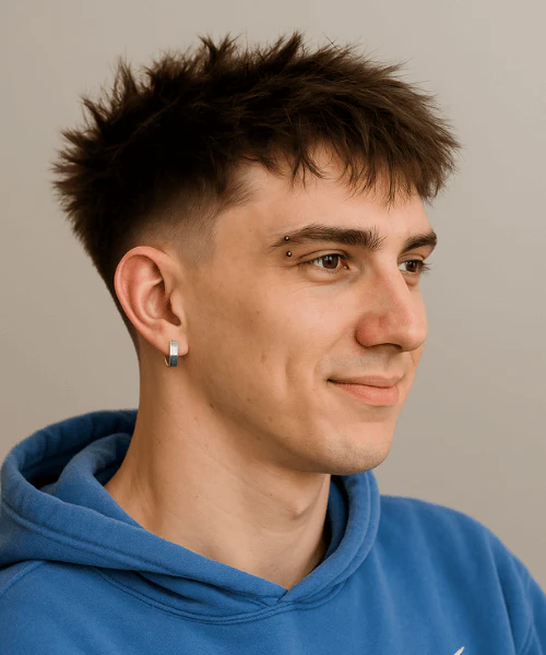 Man with a 16 guard buzz cut blowout taper, bold and voluminous style.