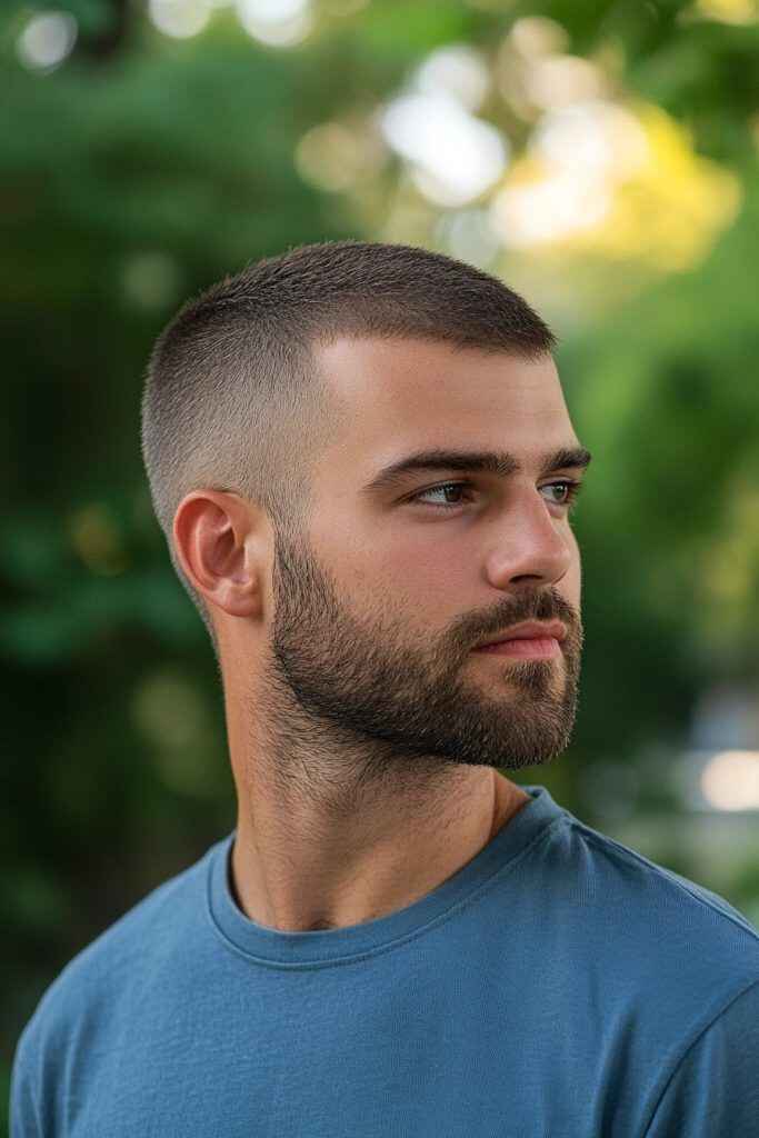 Close-up of a 2 guard fade haircut with blended sides on a man with short hair.