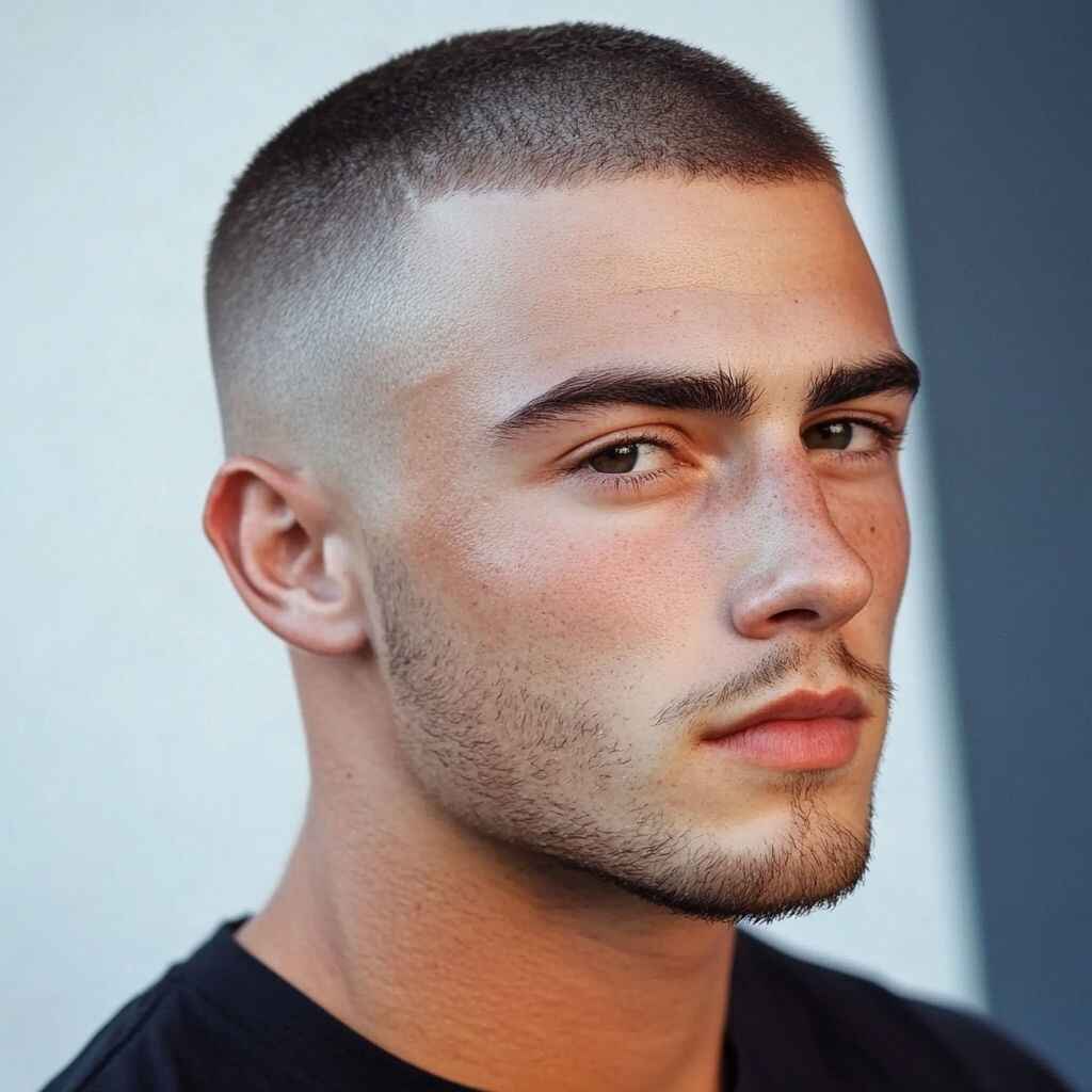 Man with a classic short buzz cut using a #2 clipper guard, showcasing a clean, low-maintenance hairstyle for oval face shapes in 2025.