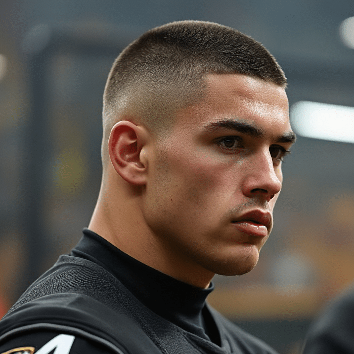 Barber-crafted 5 guard buzz cut with low taper on a man, showcasing a clean, gradual fade above the ears for a polished men’s hairstyle.