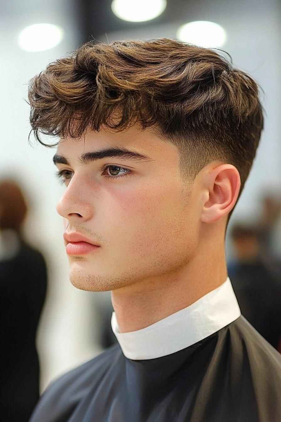 Man with a classic blowout taper textured fringe hairstyle featuring soft volume and clean sides.