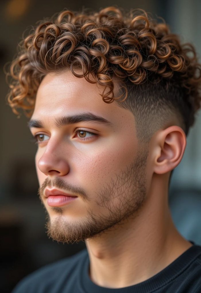 Men’s curly burst fade with a shaved design on the side