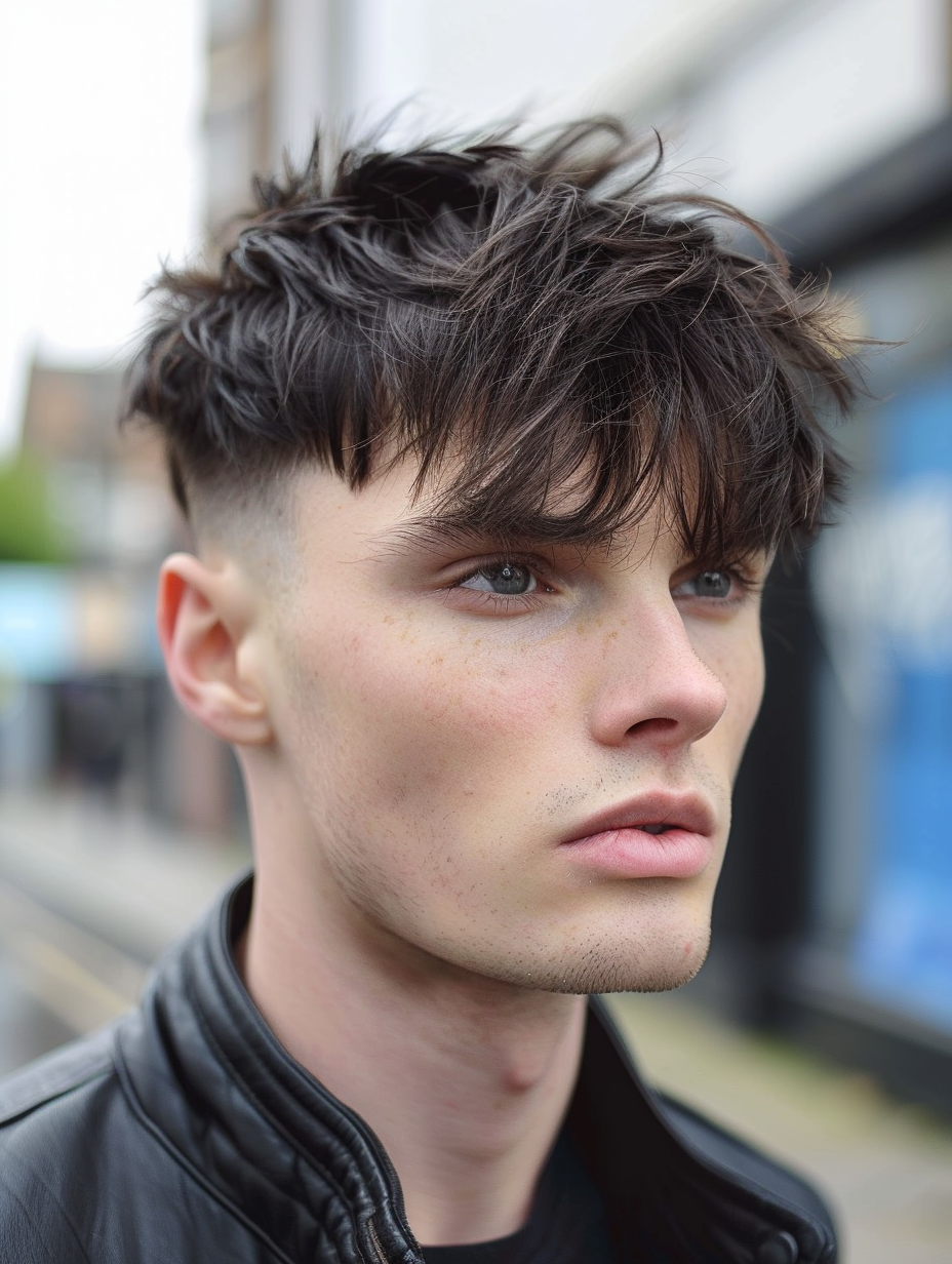 Side-swept low taper textured fringe on a man, styled with pomade for a relaxed, asymmetrical look with neatly tapered sides.