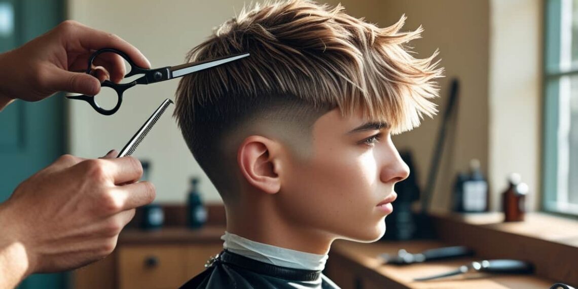 Curly hair burst fade with layered textured fringe for men