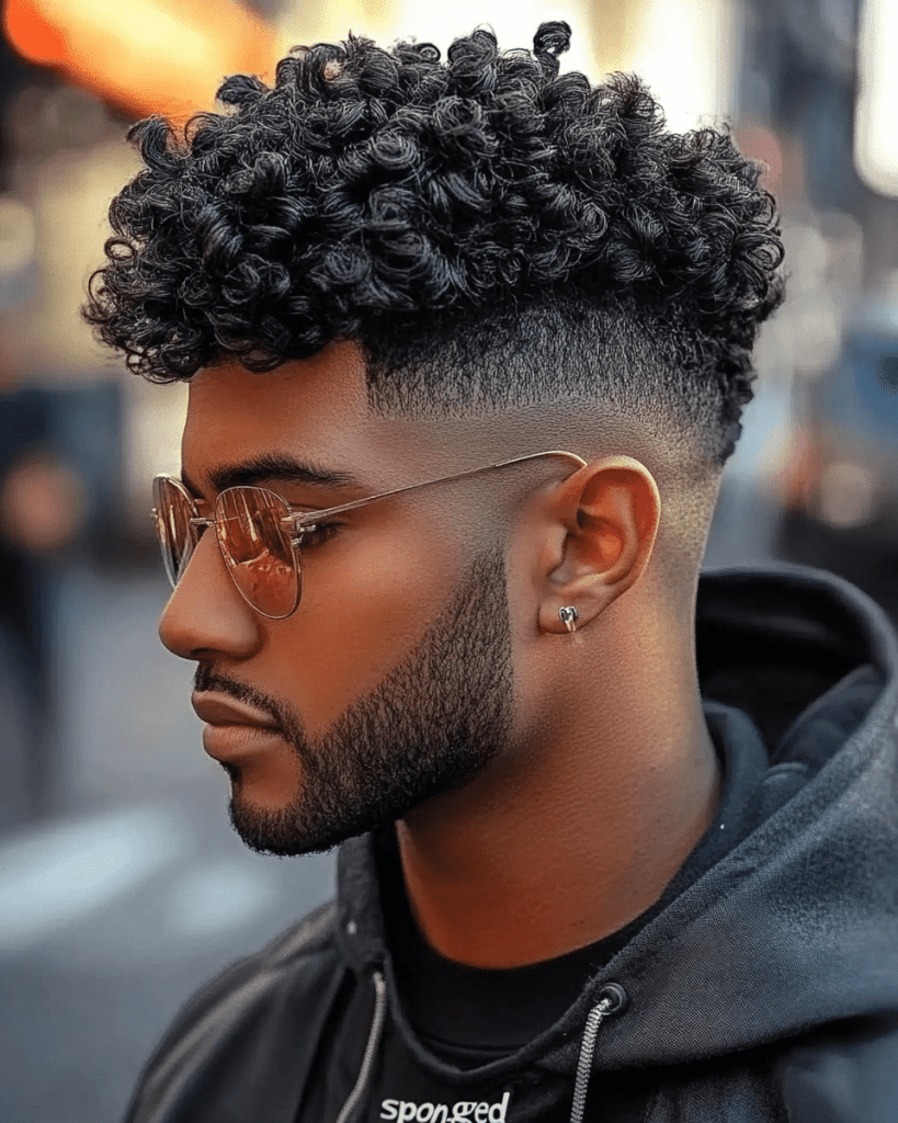 Professional burst fade haircut on black man showcasing clean fade lines and natural texture styling