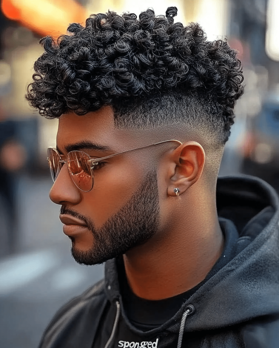 Professional burst fade haircut on black man showcasing clean fade lines and natural texture styling