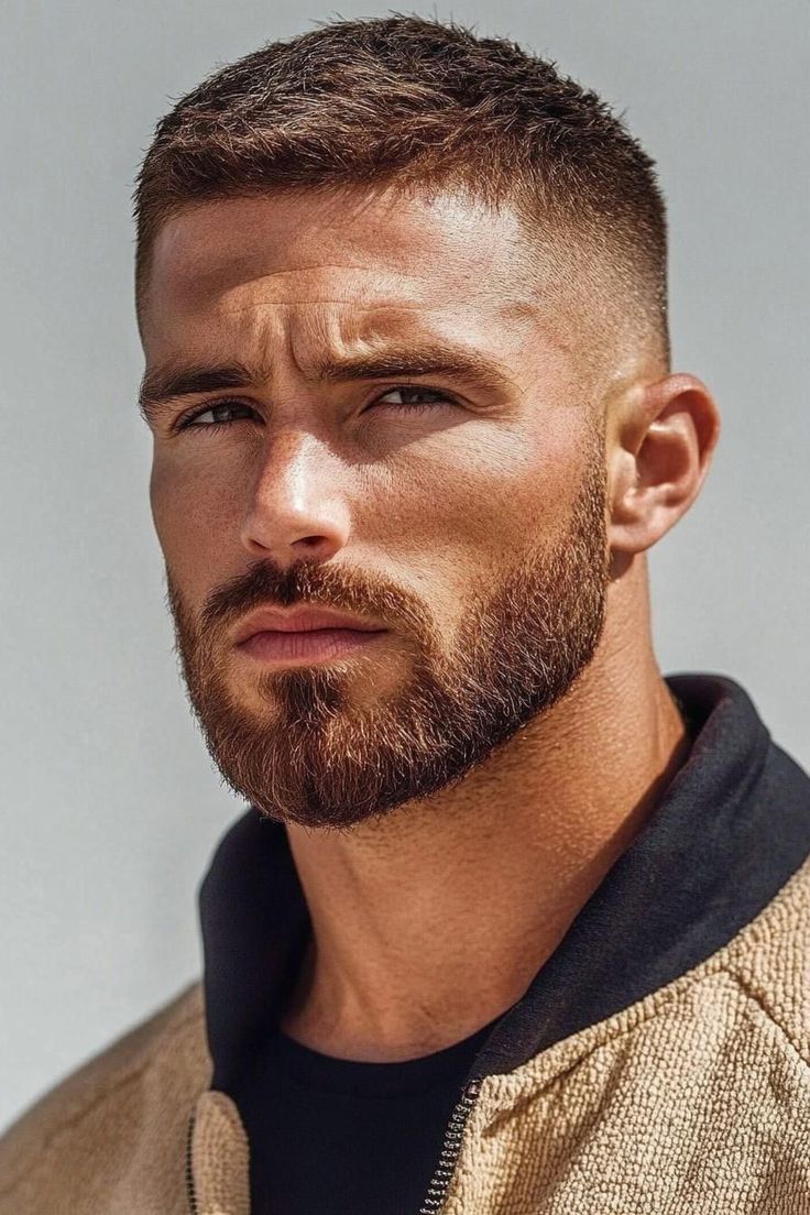 Man with a burst fade buzz cut paired with a full beard for a clean, modern look.