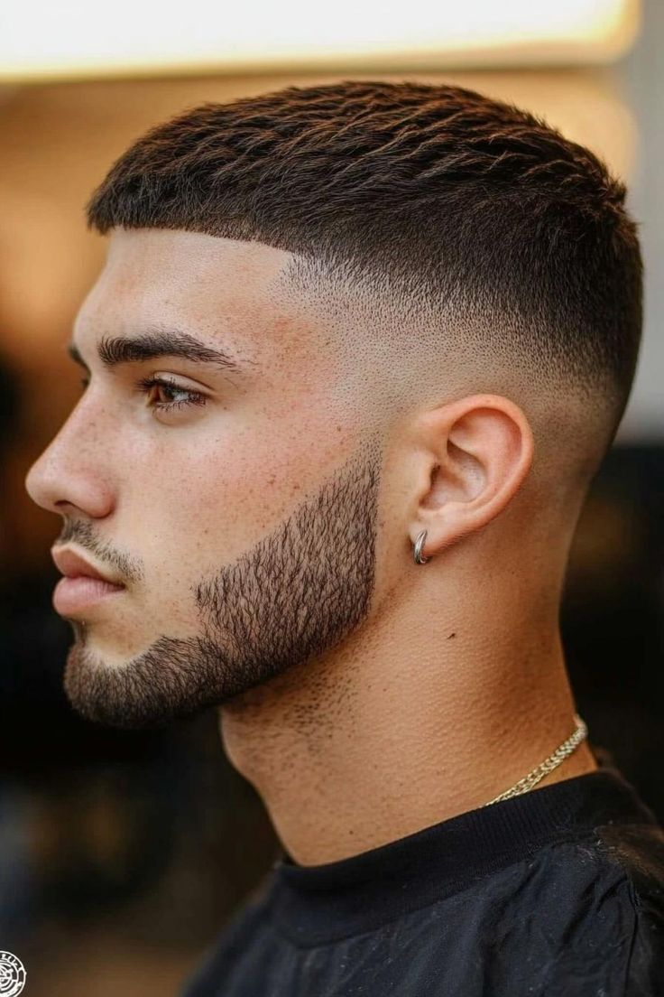 Side view of a 7 guard buzz cut with mid taper on curly hair, highlighting a balanced, modern men’s haircut.