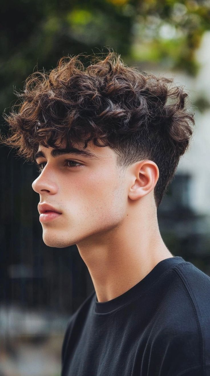 mid burst fade curly haircut with defined curls on top
