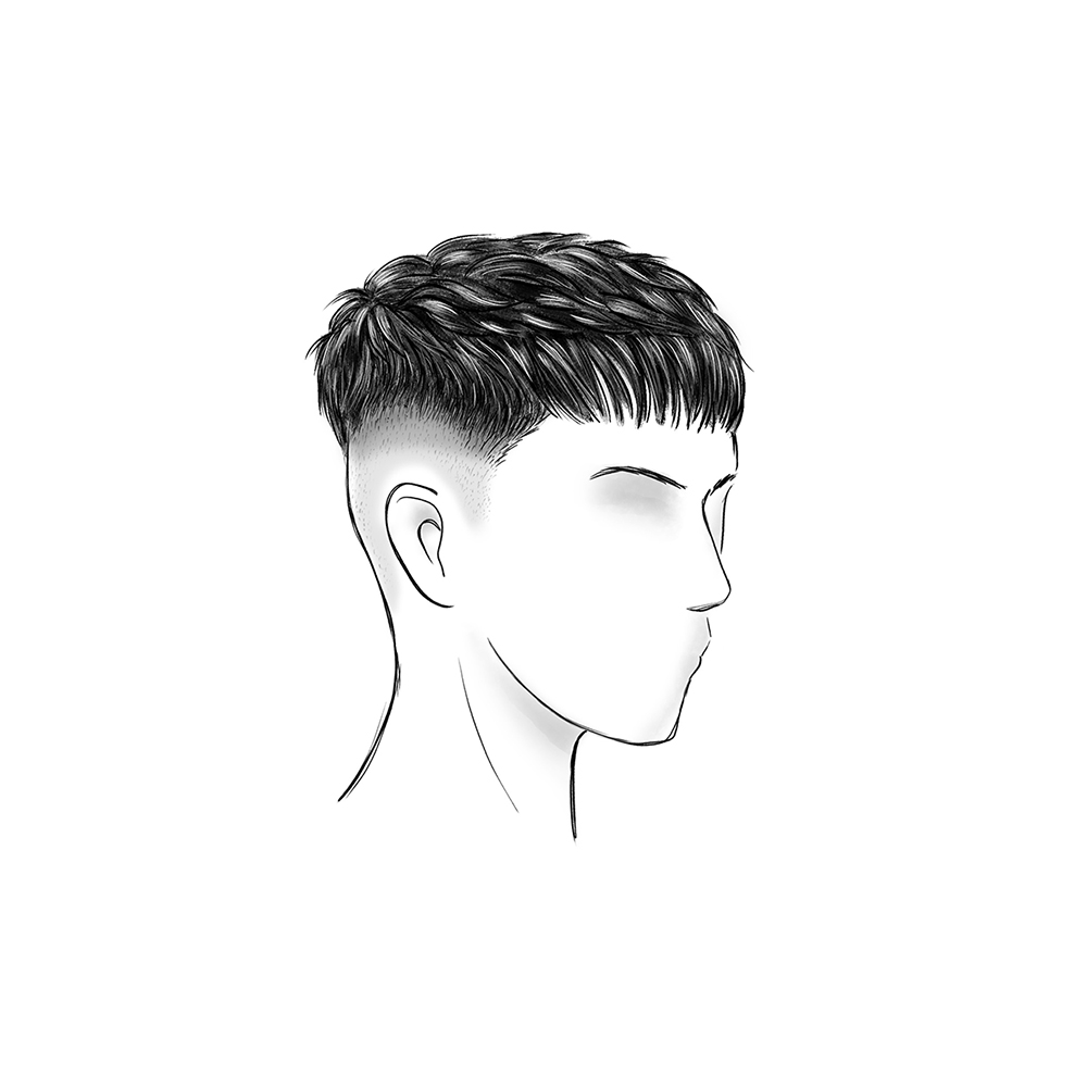 Blonde man with a low taper textured fringe haircut, styled messily with texturizing paste to highlight vibrant, layered fringe.