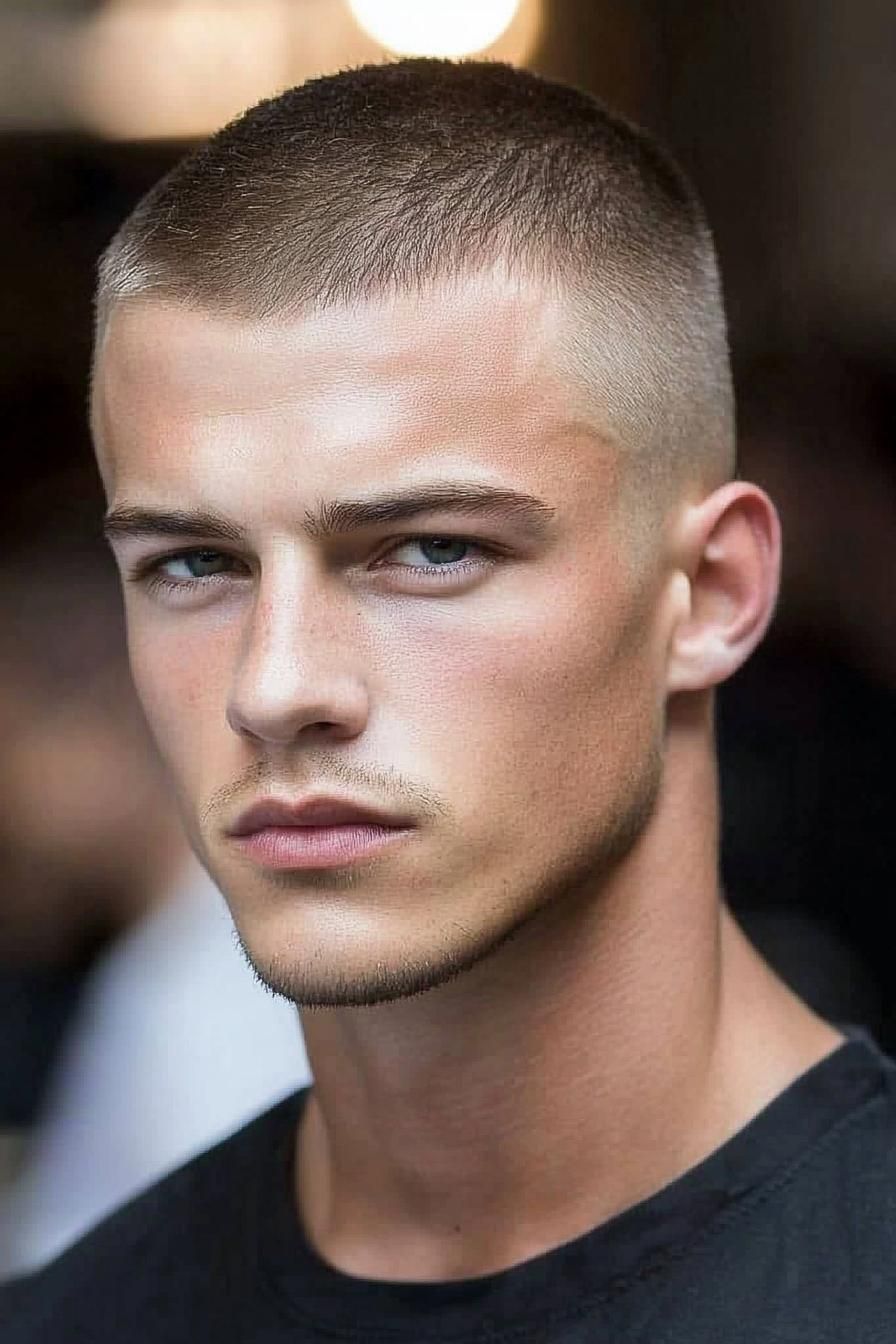 Describes a man sporting a 3 guard buzz cut with a low fade, emphasizing the clean, professional look. Keywords: "3 guard buzz cut," "low fade," "hairstyle."