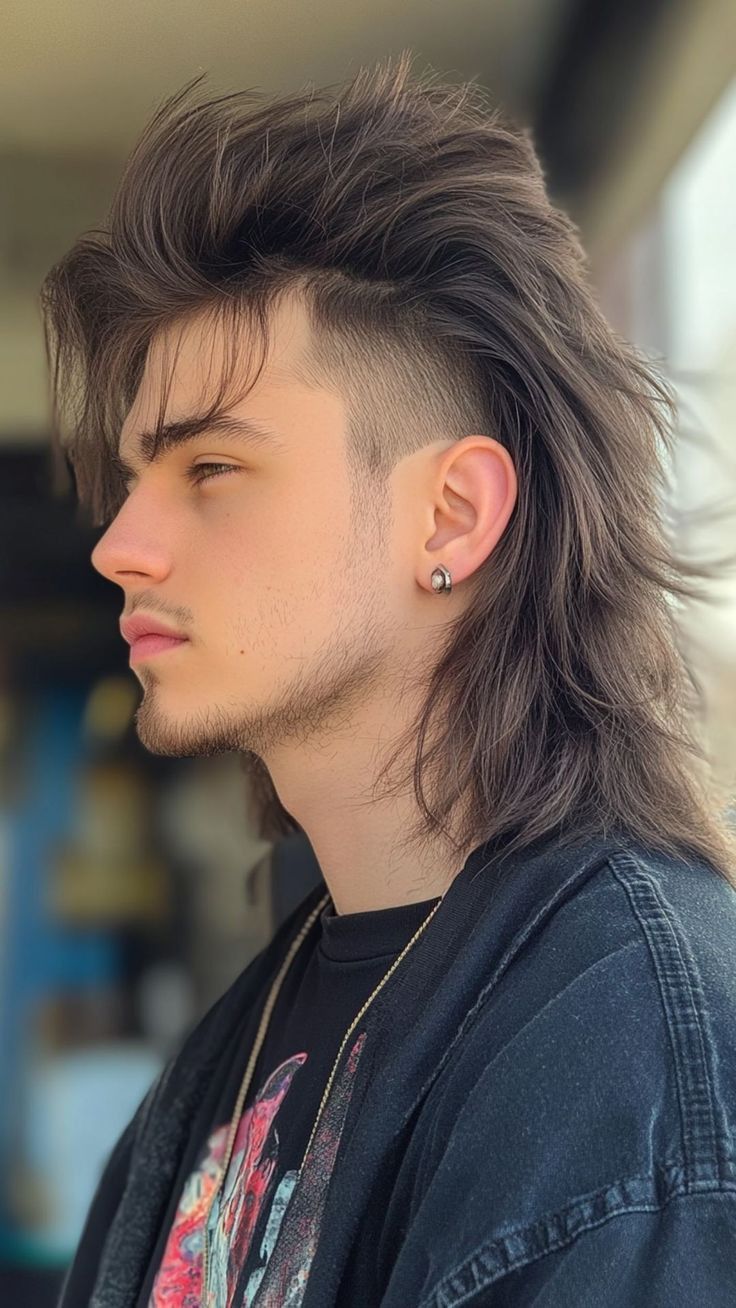 Burst fade haircut with long straight hair styled in a textured top, clean rounded fade around the ears, trendy burst fade straight hair long look