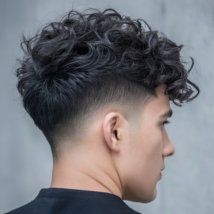 Fresh burst fade on natural wavy hair styled with volume.