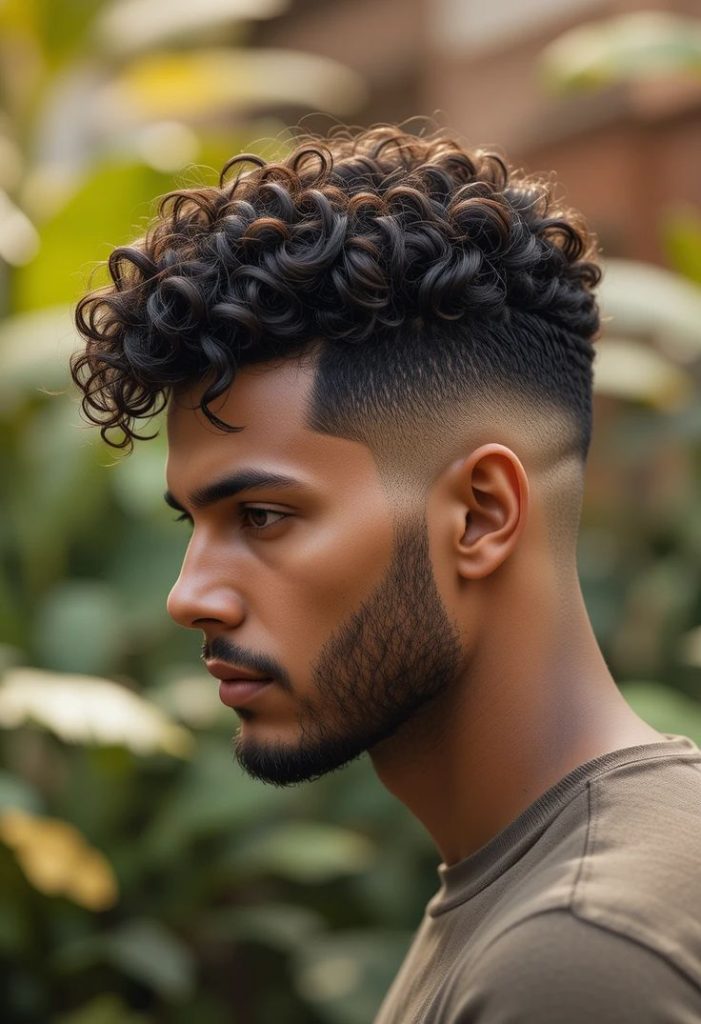 Taper burst fade on wavy hair with soft blend and texture.