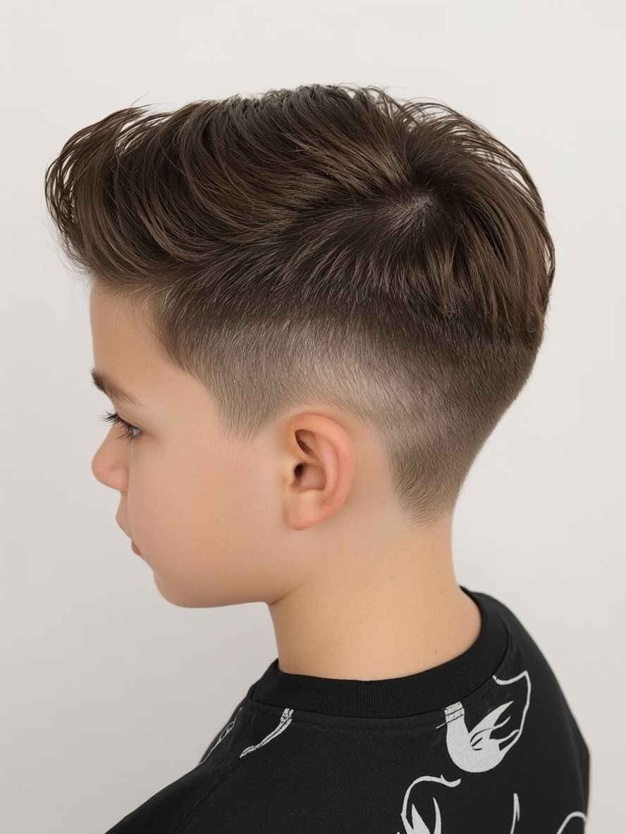 Young boy with low burst fade haircut, smiling in barber shop, showcasing clean sides and textured top for 2025 style.