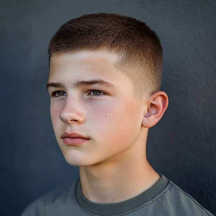 Young boy with a classic buzz cut smiling confidently in a barbershop, showcasing a neat, low-maintenance haircut for kids.