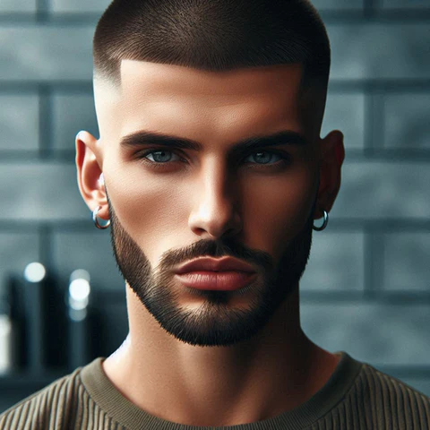 Man with diamond face shape rocking a skin fade buzz cut, emphasizing bold look and symmetry.