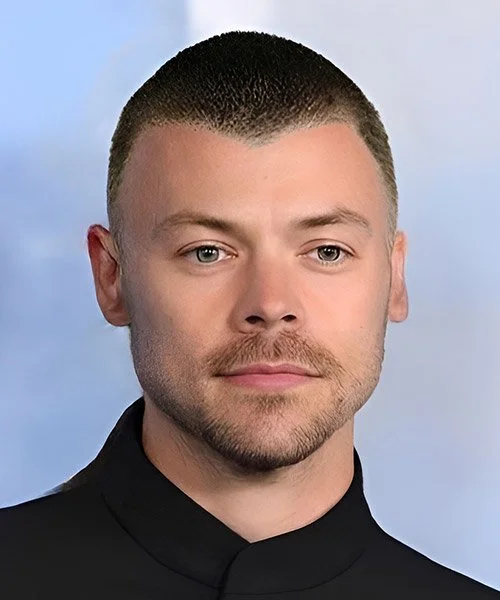 Harry Styles debuting his buzz cut at the Pleasing fragrance launch in 2023