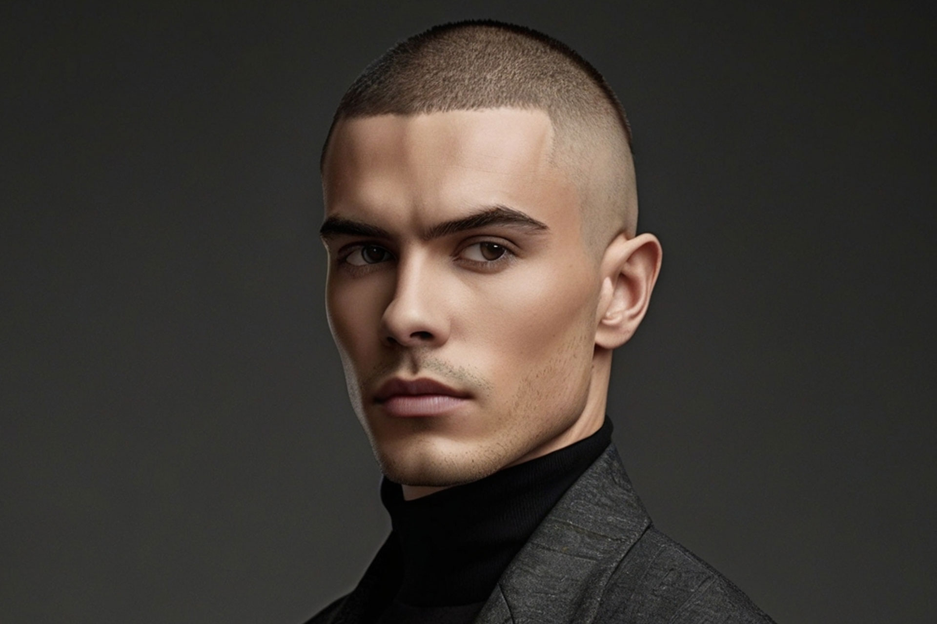 Man with diamond face shape sporting a clean buzz cut, highlighting high cheekbones and defined jawline.