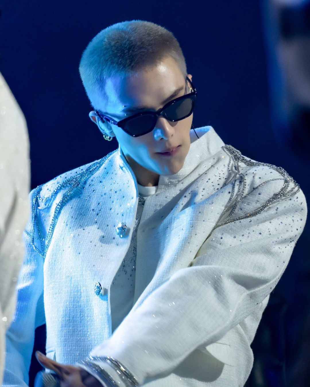 Stray Kids Hyunjin with bleached buzz cut hairstyle at SBS Gayo Daejeon event.