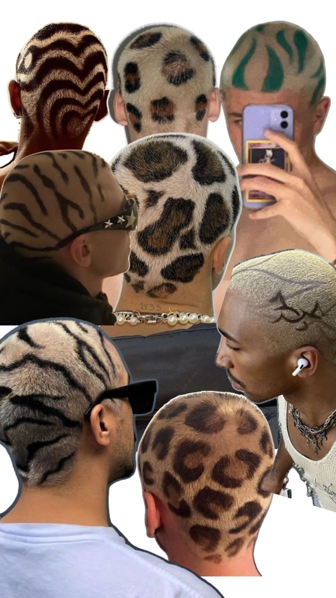Mans with classic leopard print buzz cut, brown and black spots on short hair, styled by professional barber.