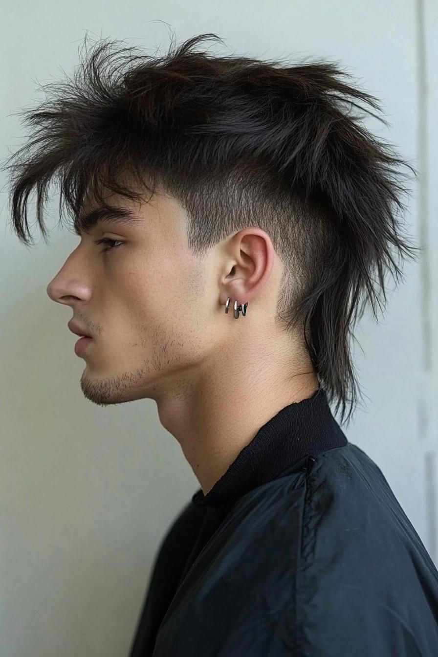 Man with a 2025 mullet wolf cut, featuring textured layers and shaggy nape length, styled with sea salt spray for volume.