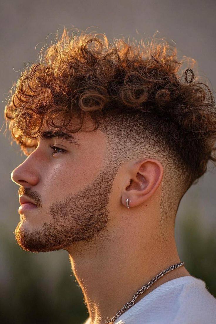 Professional barber trimming curly mullet with scissors for textured men’s hairstyle.