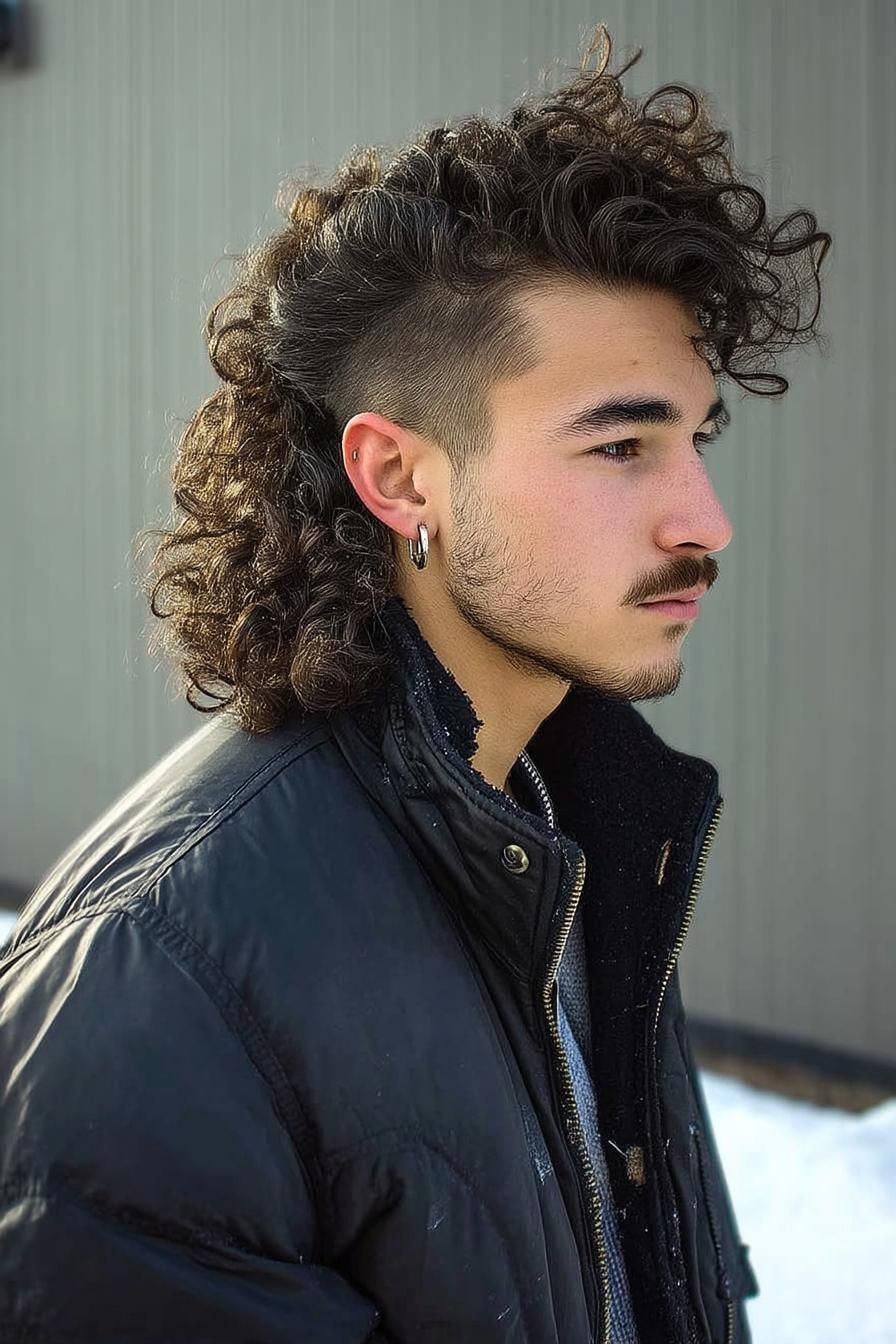 Man with modern mullet haircut and chevron mustache styled with pomade, showcasing 2025 retro hairstyle trend.